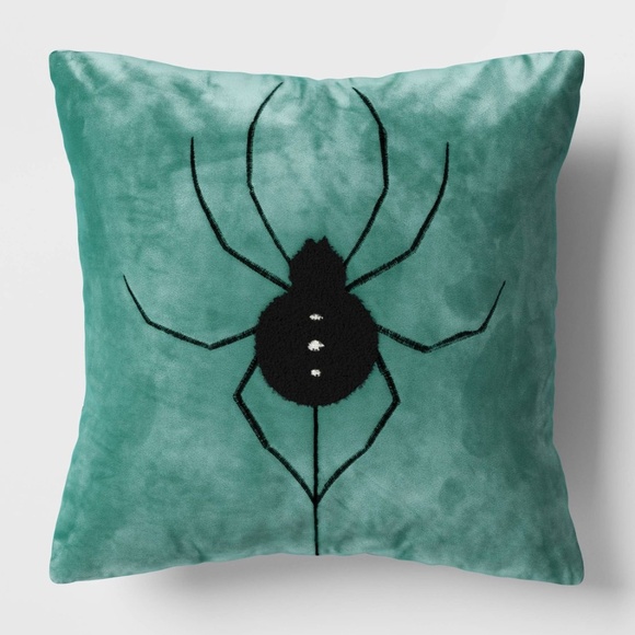 Hyde & EEK! Halloween Reversible Velvet Spider Throw Pillow Turquoise Green - Picture 1 of 14